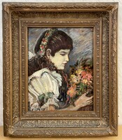 Dudits Andor  (1866-1944) Lány kezében virágcsokorral