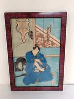 Antique Japanese woodcut samurai motif in frame 719 8325