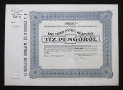 Athenaeum Irodalmi és Nyomdai Részvénytársulat részvény 10 pengő 1943 bianco