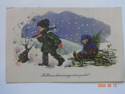 Old graphic Christmas greeting card, drawing by Anna Győrffy