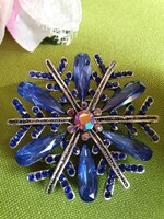 Pin, brooch bro153 - royal blue rhinestone snow crystal snowflake 47mm