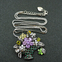 Brooch, pin bny22 - rhinestone green basket flowers with pendant necklace 55x55mm