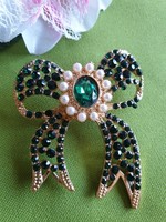 Brooch bro139 - green rhinestone bow brooch pendant with pearls 50x60mm