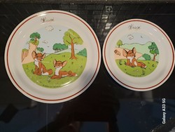 Zsolnay pannónia film studio vuk children's porcelain flat plate duo with hugi gold inscription