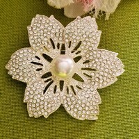 Pin, brooch bro239 - silver flower with rhinestones, pearls 47mm