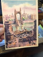 Postcard from 1945, of the exploded chain bridge, postage stamp.