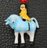 Pin, brooch bro158 - little girl riding a horse covered with fire enamel 35x48mm