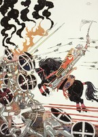 Északi népmese szecessziós illusztráció reprint nyomat 1914 Kay Nielsen lovag lovas csata jelenet íj
