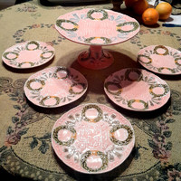 1880-as évek- MAJOLIKA KÉSZLET - talpas tál + 5 tányér - Art&Decoration