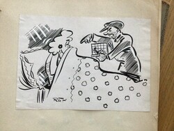 György Ruszkay's original caricature drawing in the free mouth sheet 15 x 21 cm