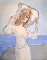 Girl in a hat on the ship of tranquility, marked oil carton