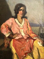 JAKOB STRASSER (1896-1978) 1926 ROMA NŐ A BOGRÁCS MELLETT NÉPVISELETBEN OLAJ FALAP FESTMÉNY KERETBEN