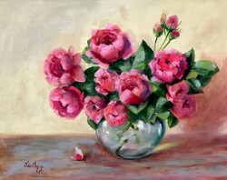Roses in a glass vase - oil painting - 40 x 50 cm