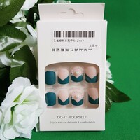 24 pcs square DIY artificial nails set with liquid glue - green - pearl