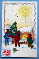 Régi dekupázs Karácsonyi üdvözlő képeslap glitterrel