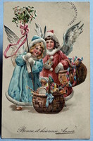 Antik dombornyomott Karácsonyi üdvözlő képeslap - angyalkák kosárnyi játékkal