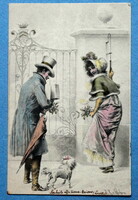 Antik M M Vienne Wichera színezett grafikus üdvözlő képeslap - hölgy, úr vendégségbe megy kutyussal