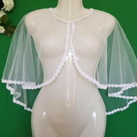 New, custom-made snow-white wedding cape with lace edge, short cloak