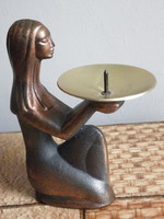 Bronz női szobor gyertyatartóval, antik, eredeti, orosz, termékleiírást tartalmazó címkével