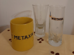 Metaxa mug 9.7 cm; drinking glass 14.5 cm 4cl, heavy brandy glass with solid, ribbed glass base 14.2 cm