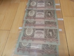 5 db sorszámkövető 1000 pengő, 1943.02.24. veszprémi sorból  Tartásfok : ﻿aUnc  ﻿Ajánlatot várok.