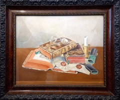 Csendélet könyvekkel. Kiss Ernő 1957-ben festett forradalmi csendélete. A kép tanúsítványt kap.