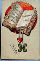 Antik dombornyomott Újévi üdvözlő képeslap - 4levelű lóhere, szív könyvjelző könyvben