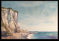 Bálinth Tibor  "Windy day"  (25cm x 35cm akvarell festmény) Normand tengerparti sziklák