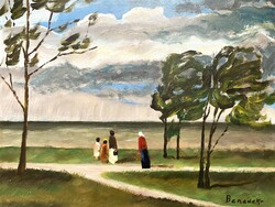 Jenő Benedek Id. (1906-1987) stormy waterfront beach gallery wood fiber painting