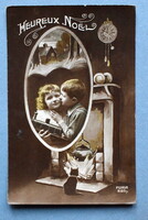 Antique Christmas greeting photo postcard - children, kitten