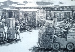 Gacs Gábor: Vasúti gépi rakodás, rézkarc - szocreál grafika, 1960-as évek