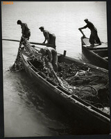 Nagyobb méret, Szendrő István fotóművészeti alkotása. Halászat, halak a halászhálóban, 1930-as évek