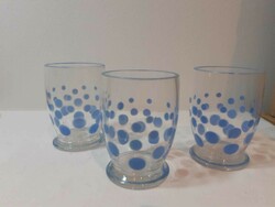 Trio of retro glass glasses with blue dots, approx. 1 dl