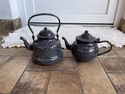 Enameled rare gray coffee pot and small teapot enameled village peasant nostalgia