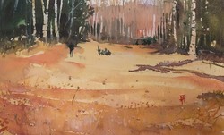 Bálinth Tibor   At the edge of the forest  (akvarell 23,3cm x 14cm papír 200 gr)  Késő őszi tájkép