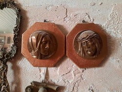 Antik  páros réz Szűz Mária és Jézus Krisztus relief,  fali dombormű,  Alkudható