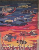 “Iconic Series” Makrisz Zizi nagyméretű Halak című falikárpitja a 60-as évek végéről. (retro modern)
