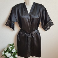 Black satin robe with lace sleeves, ready-to-wear robe - approx. M