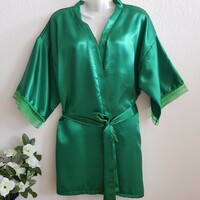 Lace sleeved willow green satin robe, ready-to-wear robe - approx. XL