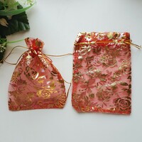 New, gold-colored rose-patterned red organza decorative bag, gift bag - approx. 10X13cm