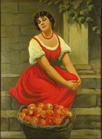 1P892 Talpas jelzéssel : Piros ruhás nő gyümölcskosárral