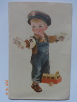Old graphic greeting card, postal clerk - drawing by Zsuzsa Demjén