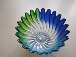 Fodros szélű, kék-zöld, türkizkék színátmenetes üvegtál