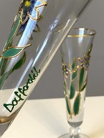 2 Pcs retro daffodil glass cups or vases with gilded bases painted with colorful flowers, 21 cm