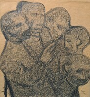 Fejek, 1957 - szignózott ceruzarajz - társalgó emberek, modern stílusú kép