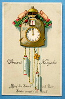 Antique New Year litho postcard - pigs, money bag wall clock from 1918