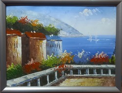 Mediterranean atmosphere. Impressionist picture, unmarked, in a new wooden frame. 30X40 cm.