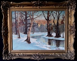 Fk/452. – Borcsányi j. With sign - winter forest with a stream