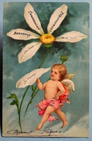 Antique embossed litho greeting card with daisies love - not love playing angel