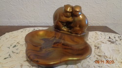 Zsolnay eozin , majom figurás , piros alj ,  névjegy tartó ,  13 cm